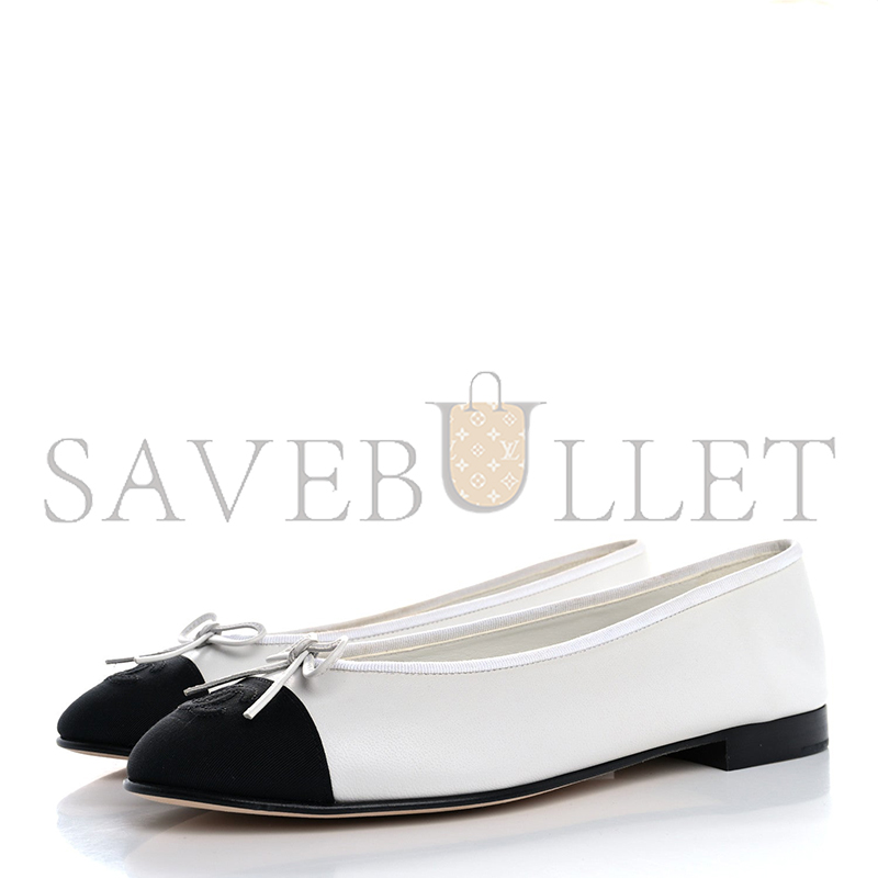 CHANEL LAMBSKIN CAP TOE CC BALLERINA FLATS WHITE BLACK 